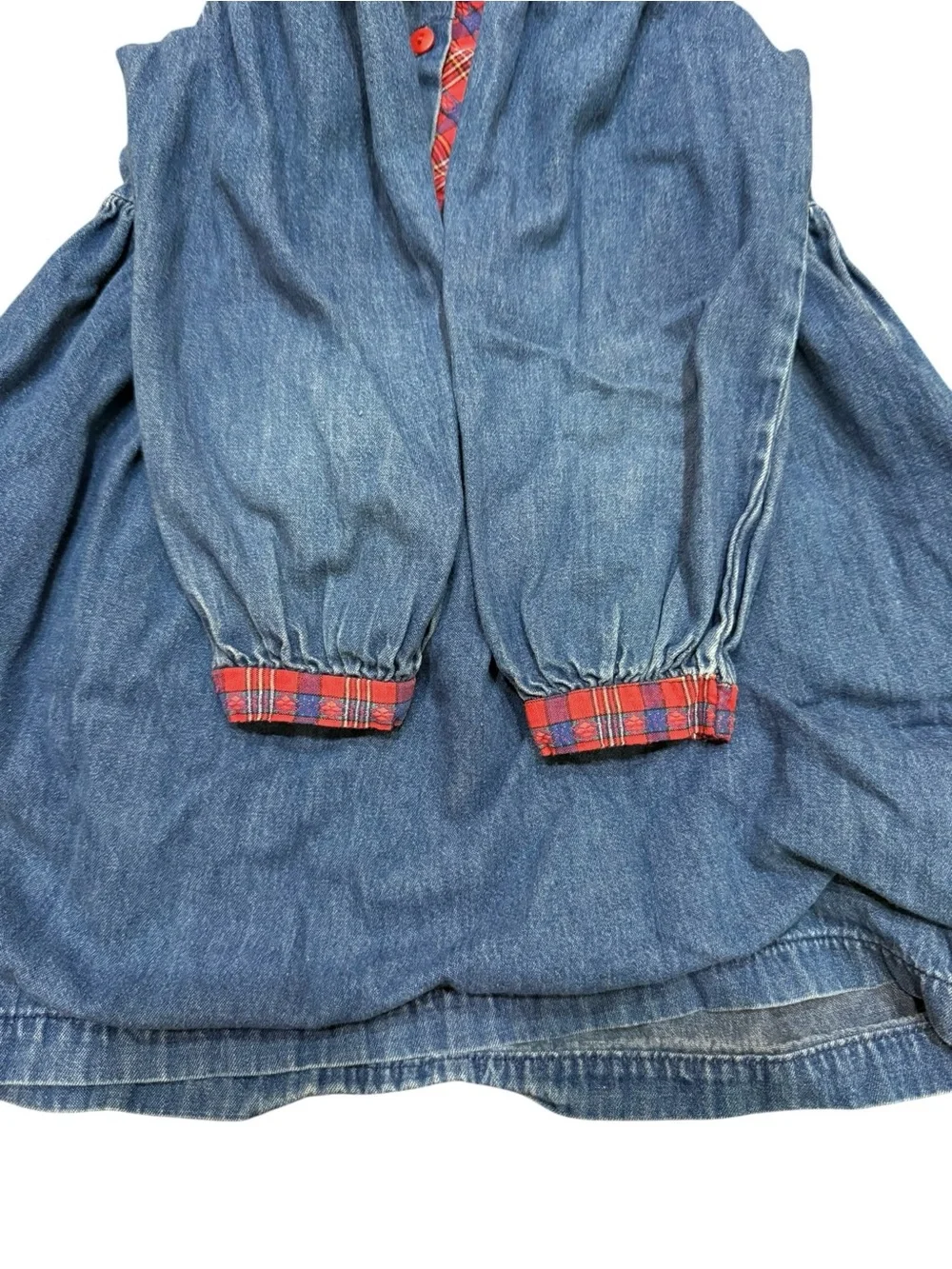 Vintage 80s 90s OSHKOSH Denim Jean Dress Girls Size 5 Plaid Collar MADE IN USA